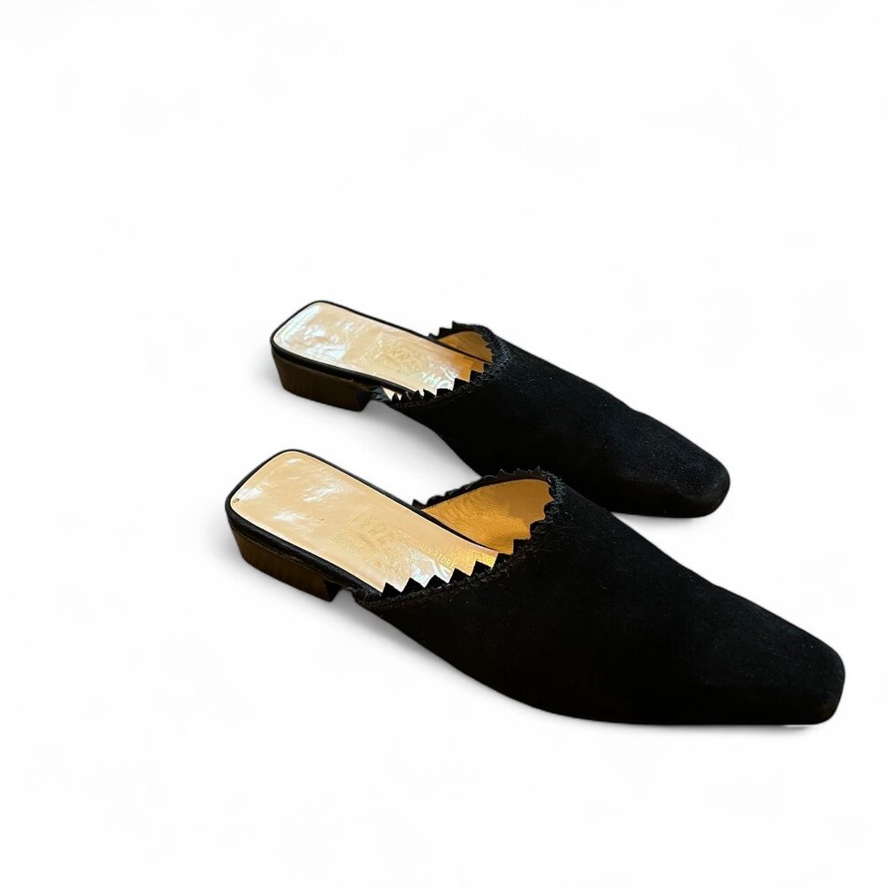 VTG Salvatore Ferragamo Black Suede Mules Size 9B Square Toe Slip On Italy